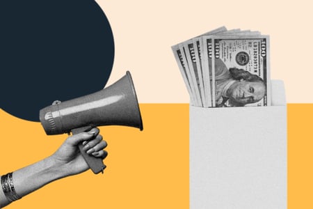 marketing budget represented by a bullhorn and cash in an envelope